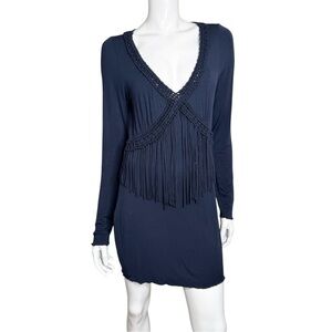 Wrap Long Sleeve Fringe Blue Western Wear Midi Bodycon Dress